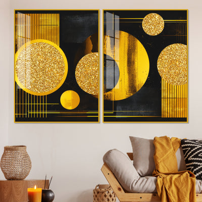 Premium Golden Crystal Circular Shaped Acrylic Art Floating Wall Painting Set of 2