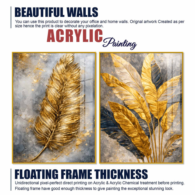 Premium Golden Feather & Tropical Leaves Acrylic Floating Wall Painting Set of 2