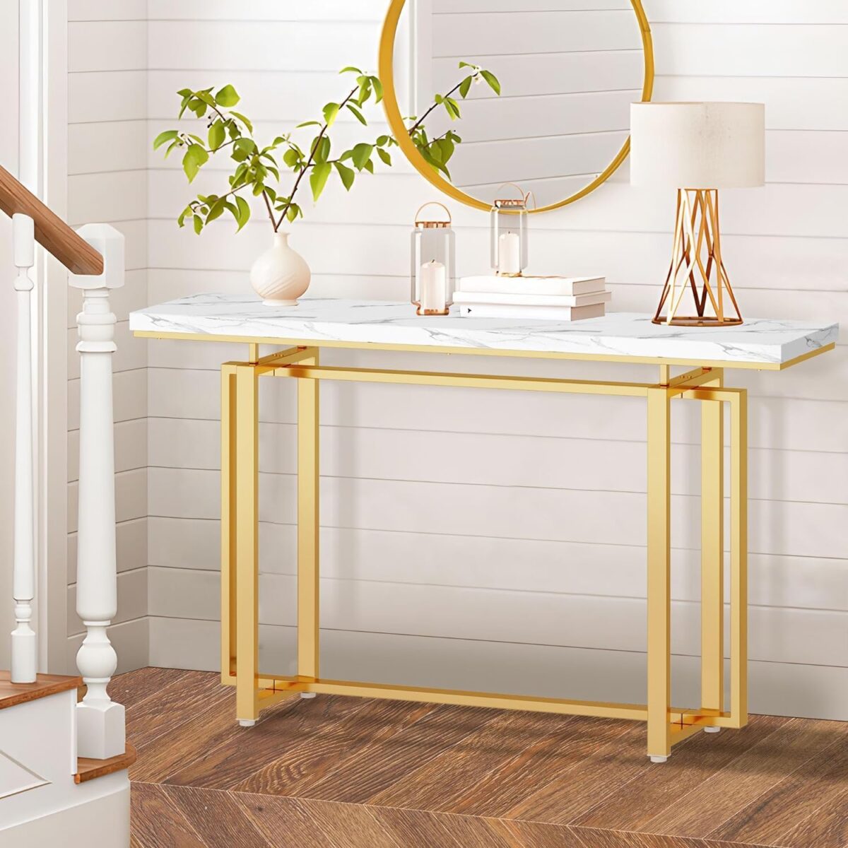 Premium Golden Finish Console Table with Faux Marble Surface