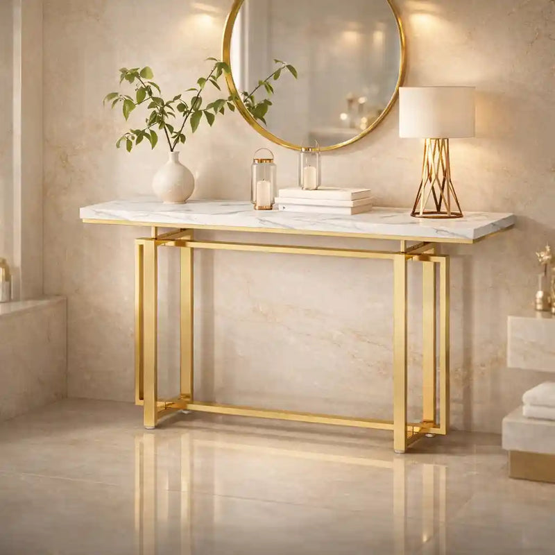 Premium Golden Finish Console Table with Faux Marble Surface