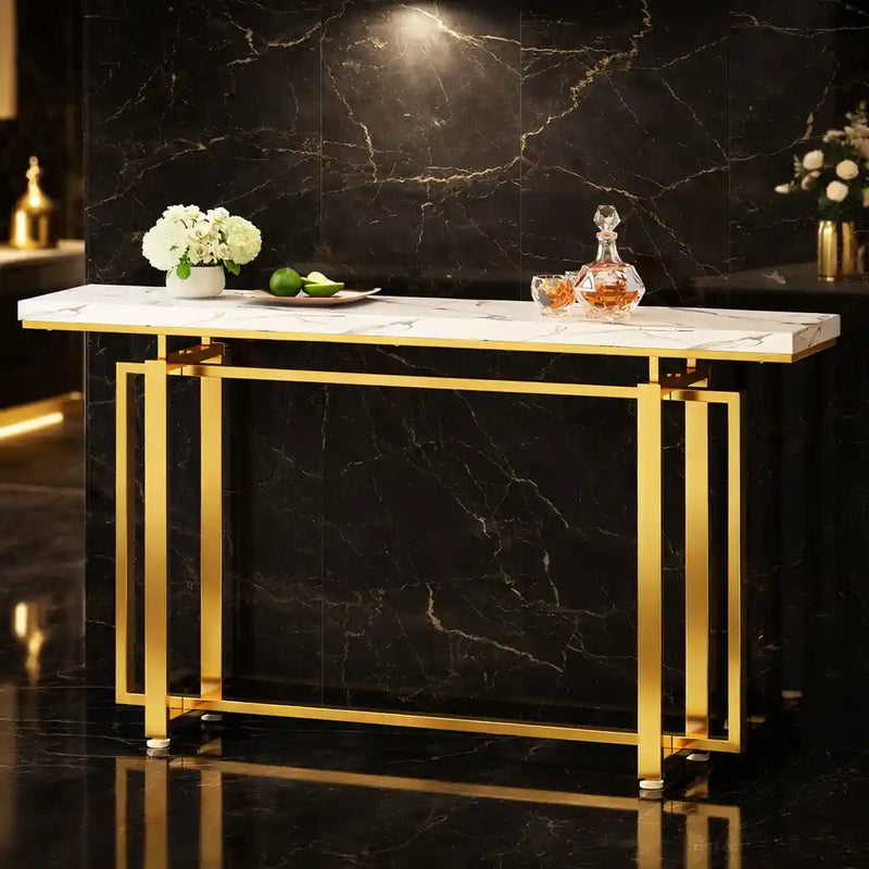 Premium Golden Finish Console Table with Faux Marble Surface