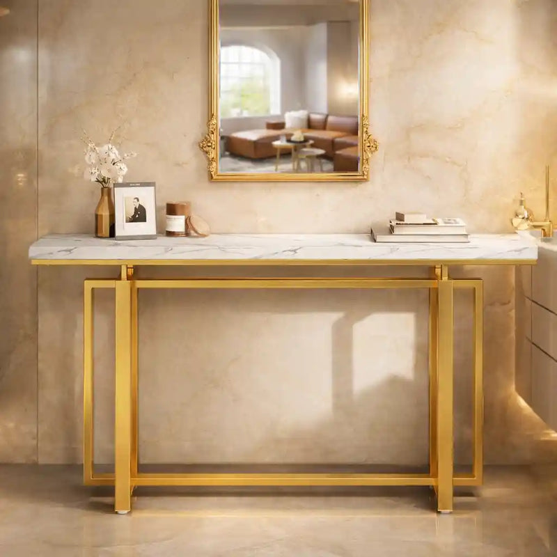 Premium Golden Finish Console Table with Faux Marble Surface
