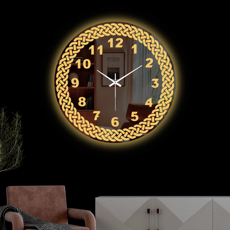 Premium Golden Numeric LED Mirror Wall Clock with Woven Design