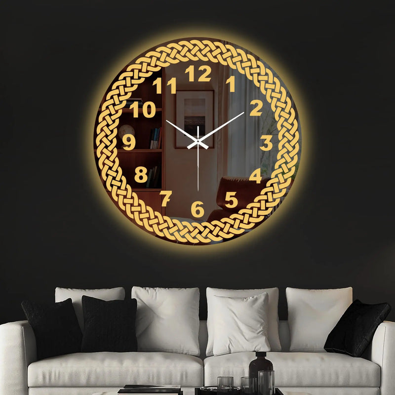 Premium Golden Numeric LED Mirror Wall Clock with Woven Design