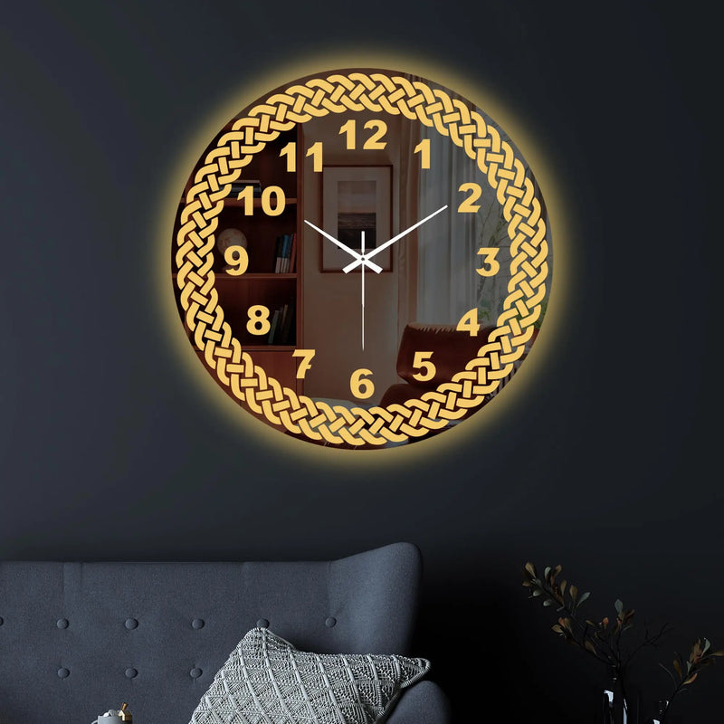 Premium Golden Numeric LED Mirror Wall Clock with Woven Design