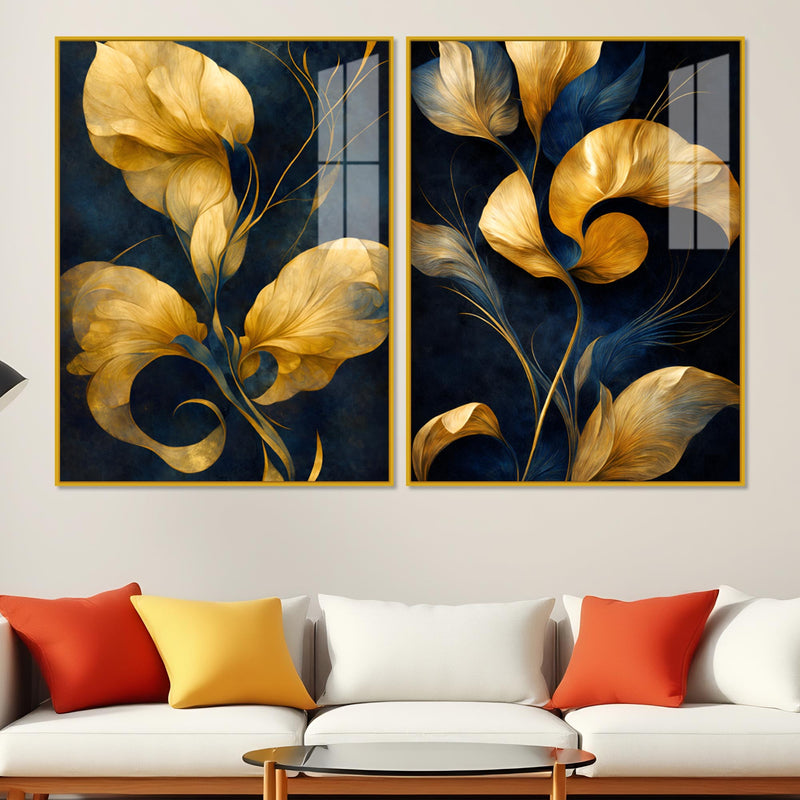 Premium Golden Petal Midnight Blue Acrylic Floating Wall Painting Set of 2
