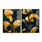 Premium Golden Petal Midnight Blue Acrylic Floating Wall Painting Set of 2