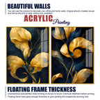 Premium Golden Petal Midnight Blue Acrylic Floating Wall Painting Set of 2