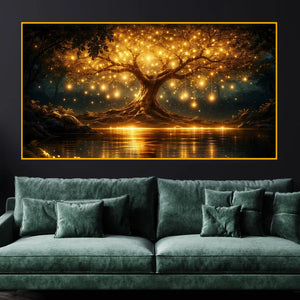 Premium Golden Tree Night Reflection Crystal Glass Wall Painting