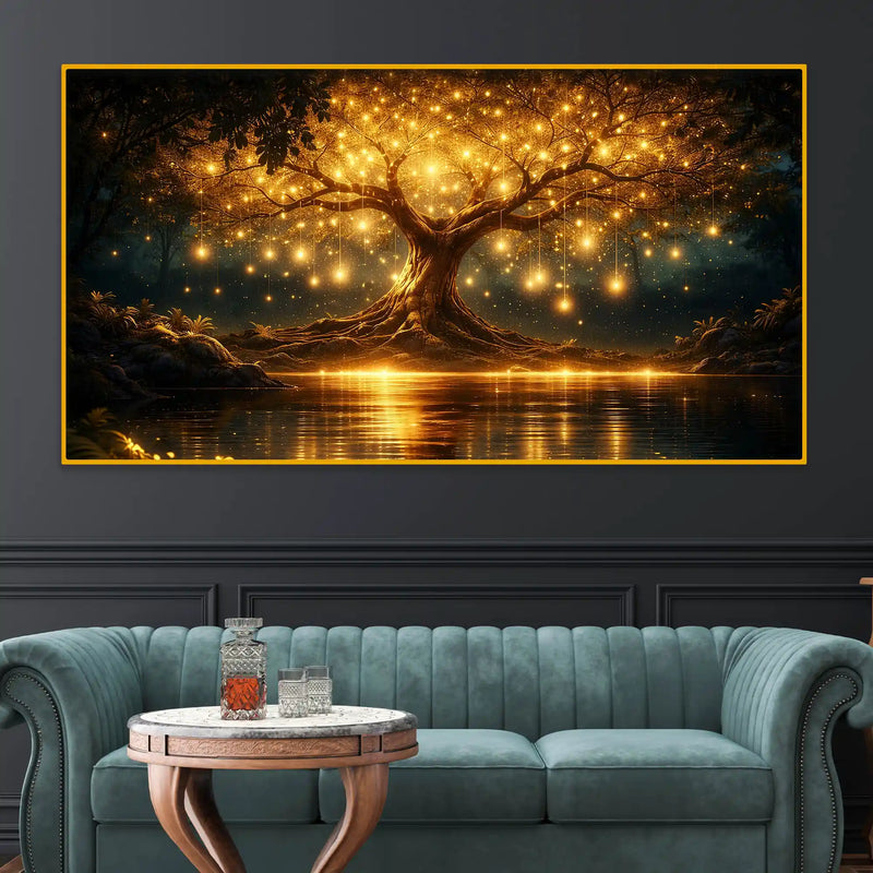 Premium Golden Tree Night Reflection Crystal Glass Wall Painting