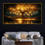 Premium Golden Tree Night Reflection Crystal Glass Wall Painting