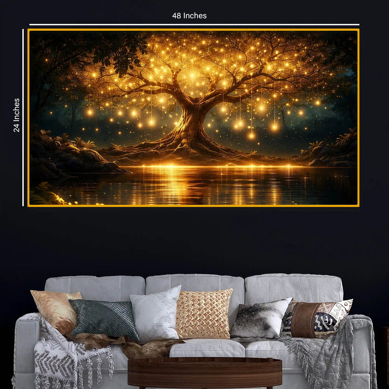 Premium Golden Tree Night Reflection Crystal Glass Wall Painting