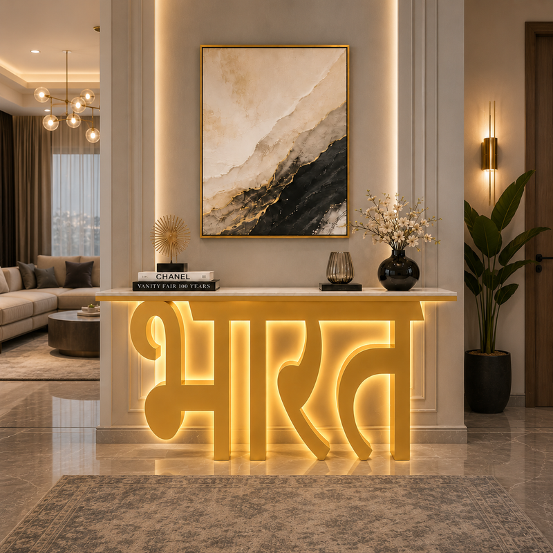 Premium LED Reception Desk with Bharat Art for Modern Spaces (SS 302)