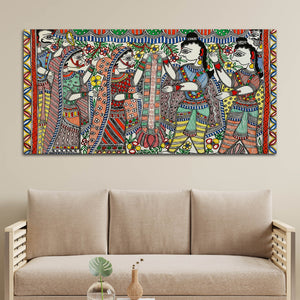 Premium Madhubani Ram Sita Marriage Canvas Wall Painting Religious Artwork