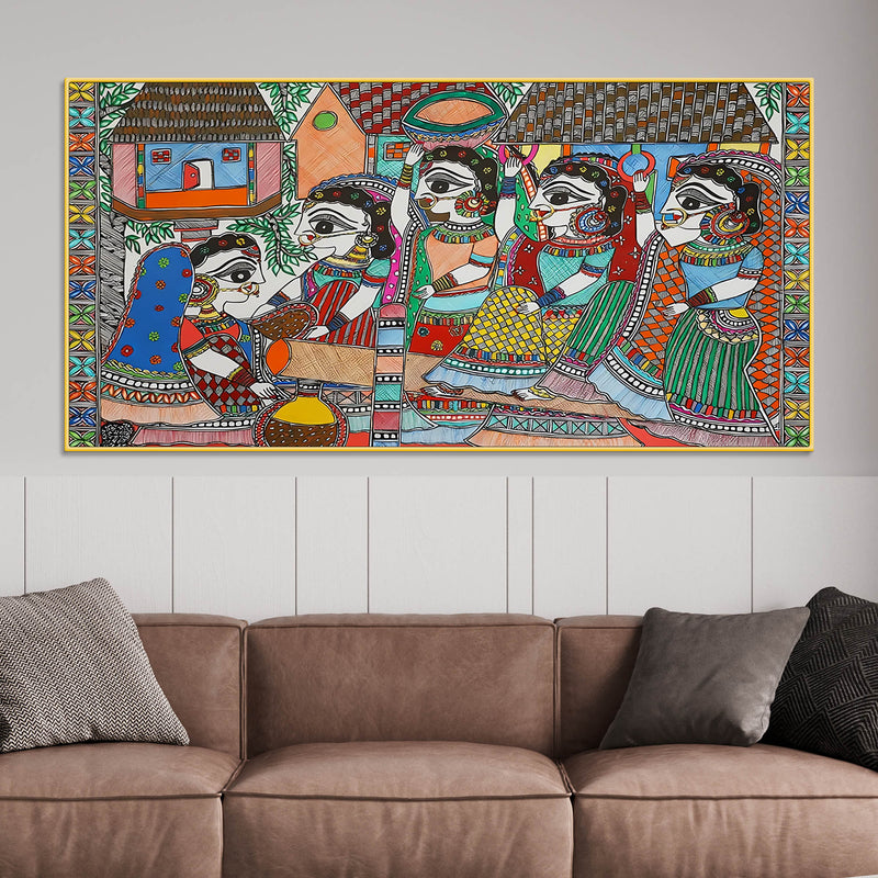 premium-madhubani-rural-life-canvas-painting