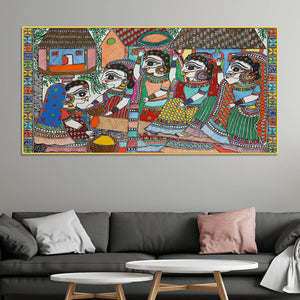 Premium Madhubani Rural Life Canvas Painting