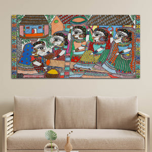 Premium Madhubani Rural Life Canvas Painting