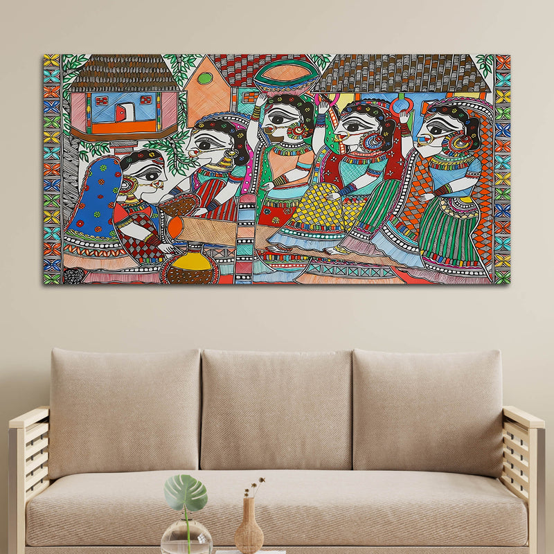 Premium Madhubani Rural Life Canvas Painting