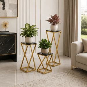 Premium Metal Planter Stand With Black Marble At Top (Set of 3)
