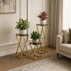 Premium Metal Planter Stand With Black Marble At Top (Set of 3)