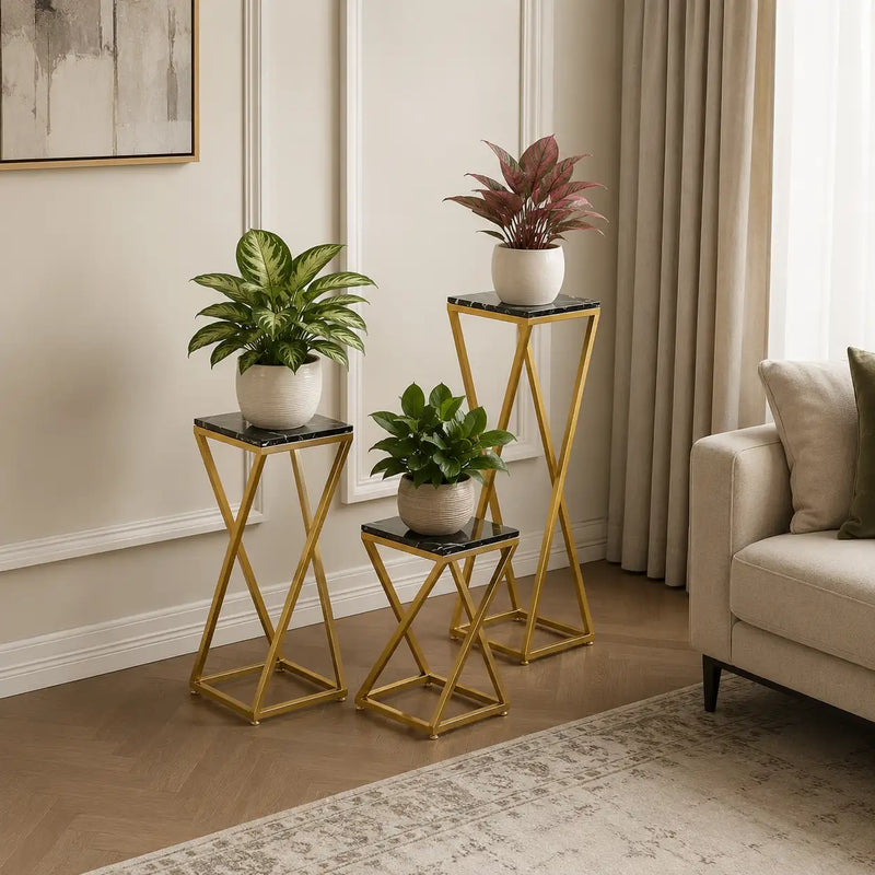 Premium Metal Planter Stand With Black Marble At Top (Set of 3)
