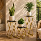 Premium Metal Planter Stand With Black Marble At Top (Set of 3)