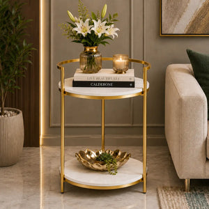Premium Metallic Stand Two Layer Marble Side Table