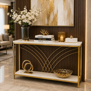 Premium Modern Faux Marble Console Table with 2 Tier Storage Shelf