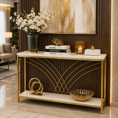Premium Modern Faux Marble Console Table with 2 Tier Storage Shelf