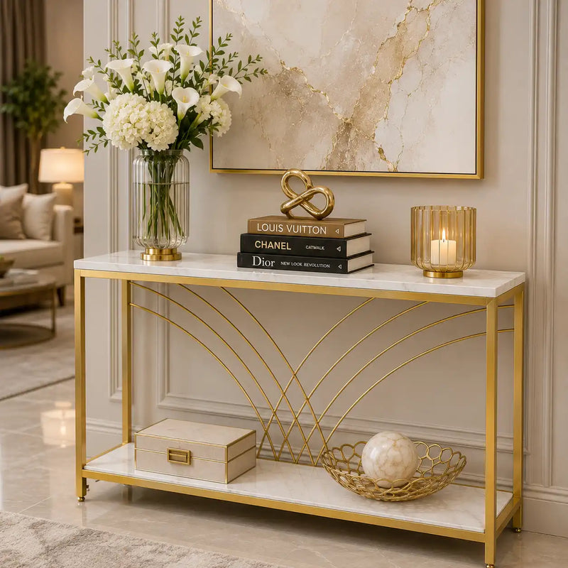 Premium Modern Faux Marble Console Table with 2 Tier Storage Shelf