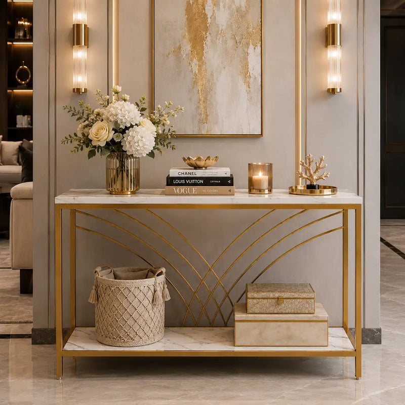 Premium Modern Faux Marble Console Table with 2 Tier Storage Shelf