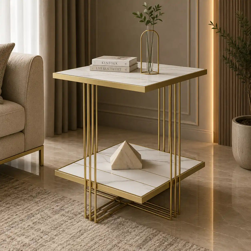 Premium Modern Glam Side Table with Marble Look Finish