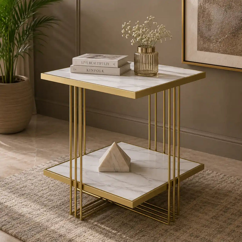 Premium Modern Glam Side Table with Marble Look Finish