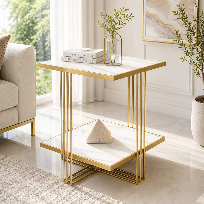 Premium Modern Glam Side Table with Marble Look Finish