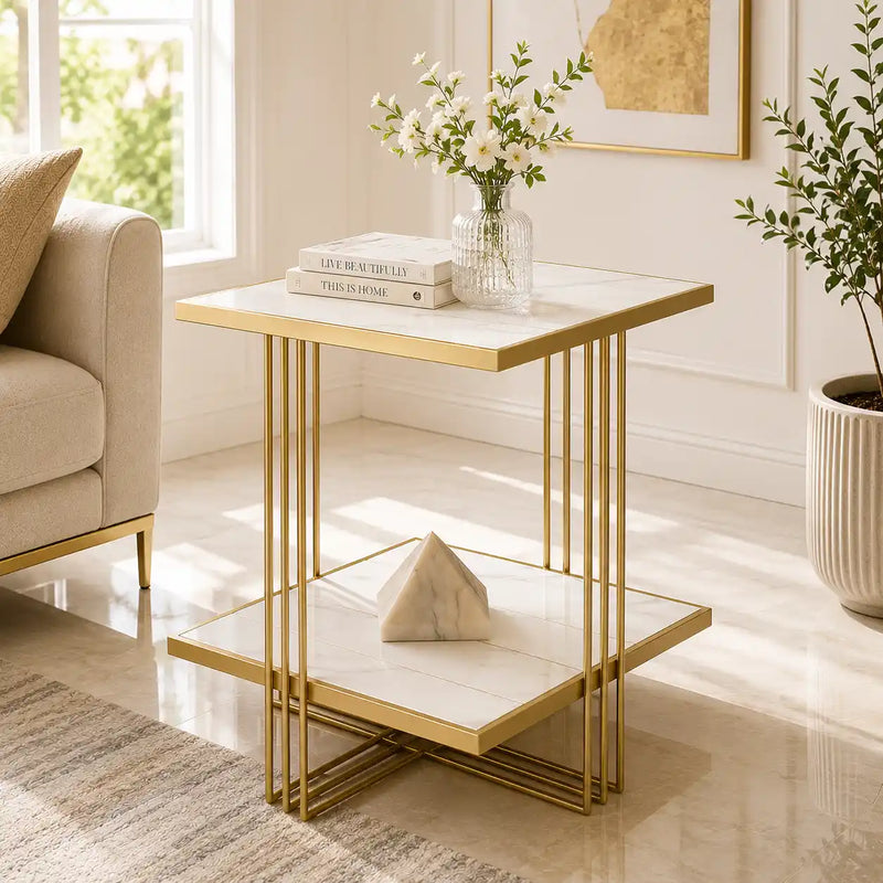 Premium Modern Glam Side Table with Marble Look Finish