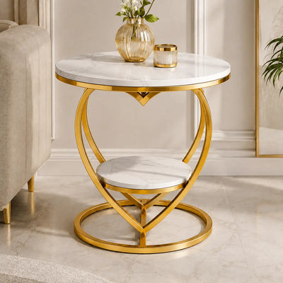 Premium Modern Heart Shaped Golden Metal Finish with White Marble Night Stand Side Table