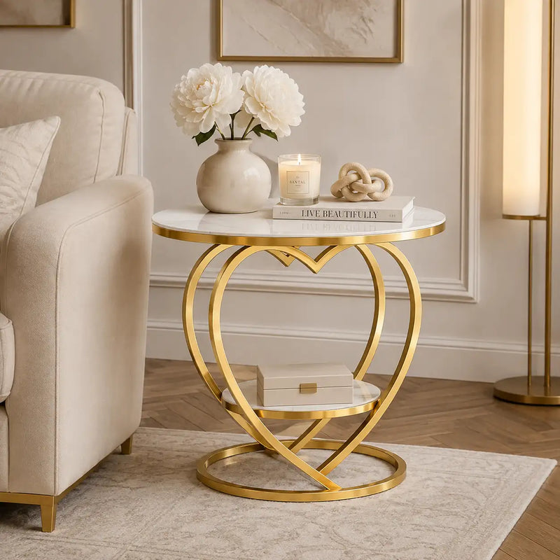 Premium Modern Heart Shaped Golden Metal Finish with White Marble Night Stand Side Table