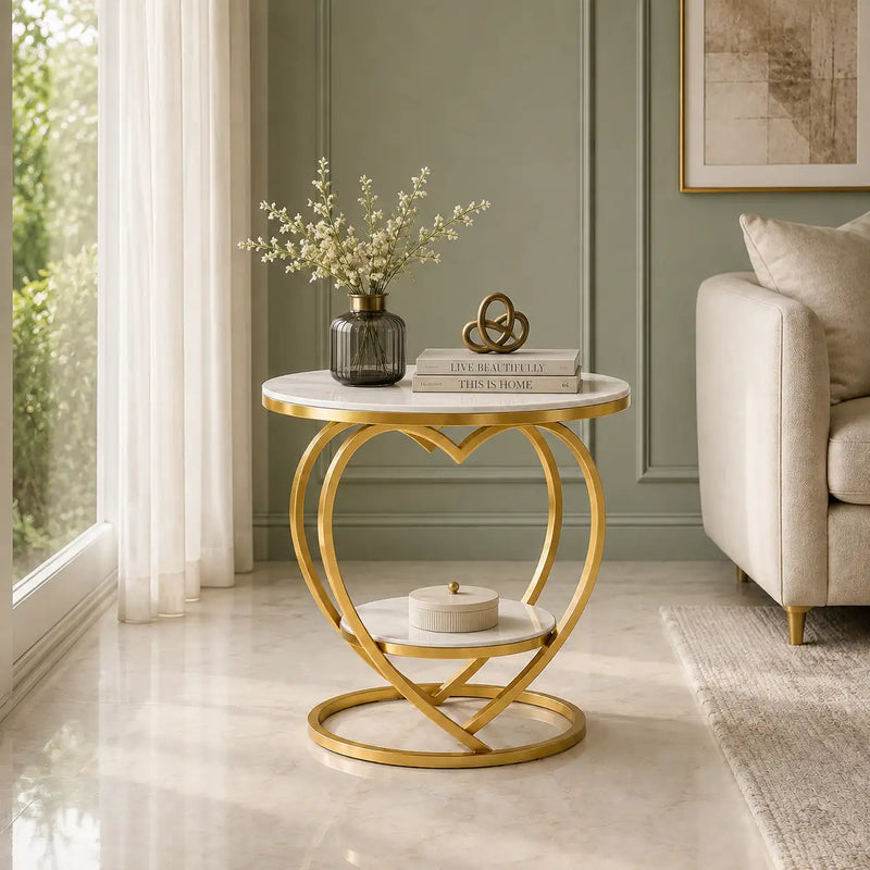 Premium Modern Heart Shaped Golden Metal Finish with White Marble Night Stand Side Table