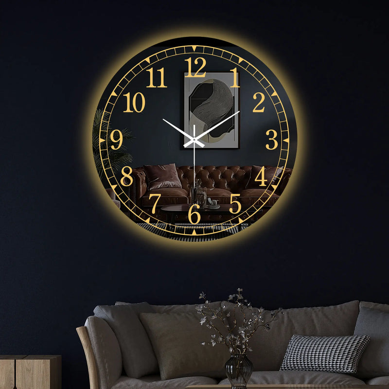 Premium Modern LED Mirror Wall Clock with Golden Dial Design