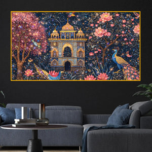 Premium Mughal Inspired Palace Peacock Floral Art Crystal Glass Wall Painting for Luxury Décor