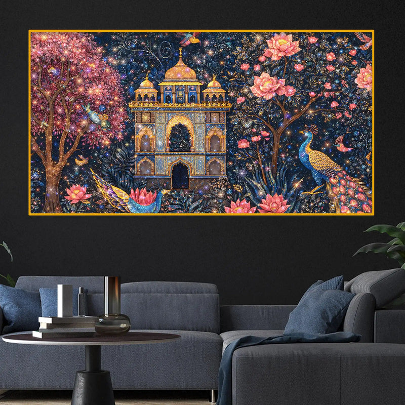 Premium Mughal Inspired Palace Peacock Floral Art Crystal Glass Wall Painting for Luxury Décor