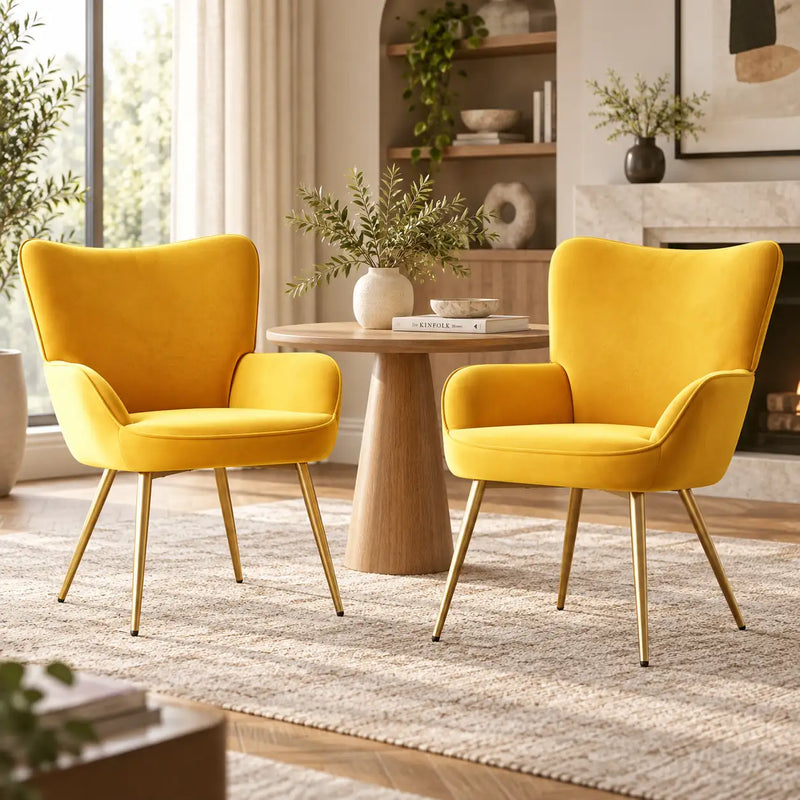 Premium Mustard Yellow Wingback Lounge Chair with Golden Metal Legs