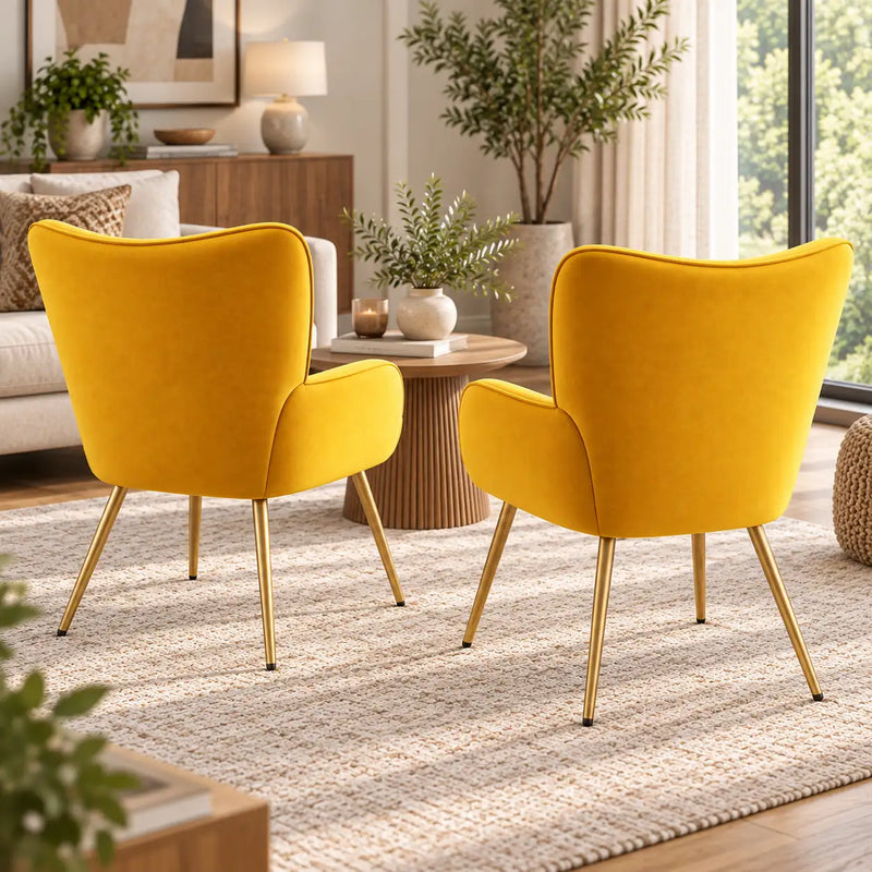 Premium Mustard Yellow Wingback Lounge Chair with Golden Metal Legs