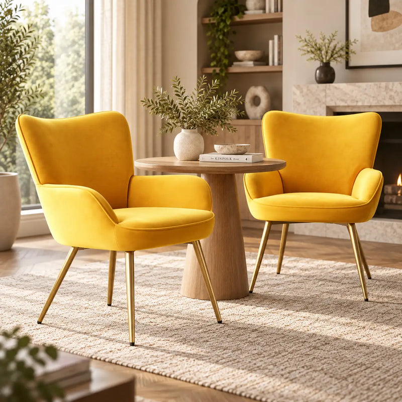 Premium Mustard Yellow Wingback Lounge Chair with Golden Metal Legs