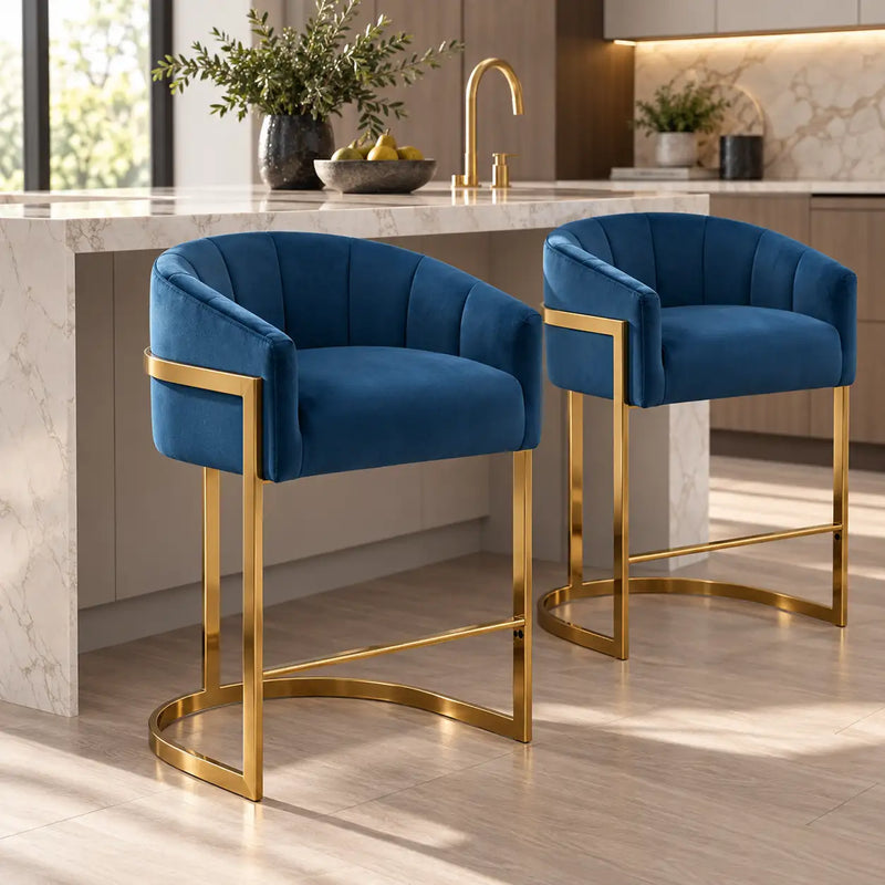 Premium Navy Blue Velvet Bar Stool with Curved Back & Gold Metal Frame