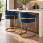 Premium Navy Blue Velvet Bar Stool with Curved Back & Gold Metal Frame