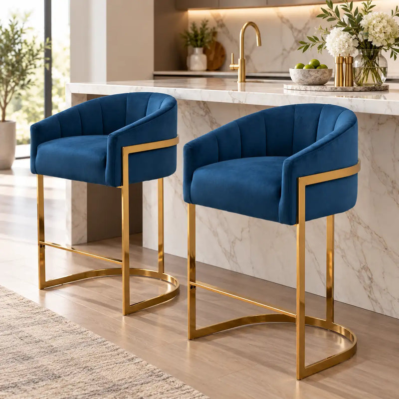 Premium Navy Blue Velvet Bar Stool with Curved Back & Gold Metal Frame
