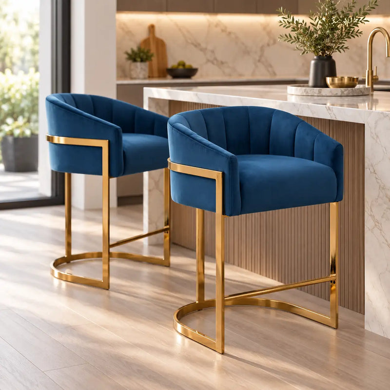 Premium Navy Blue Velvet Bar Stool with Curved Back & Gold Metal Frame