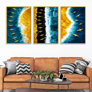 Premium Ocean Waves and Birds Canvas Wall Art Painting Set of Three