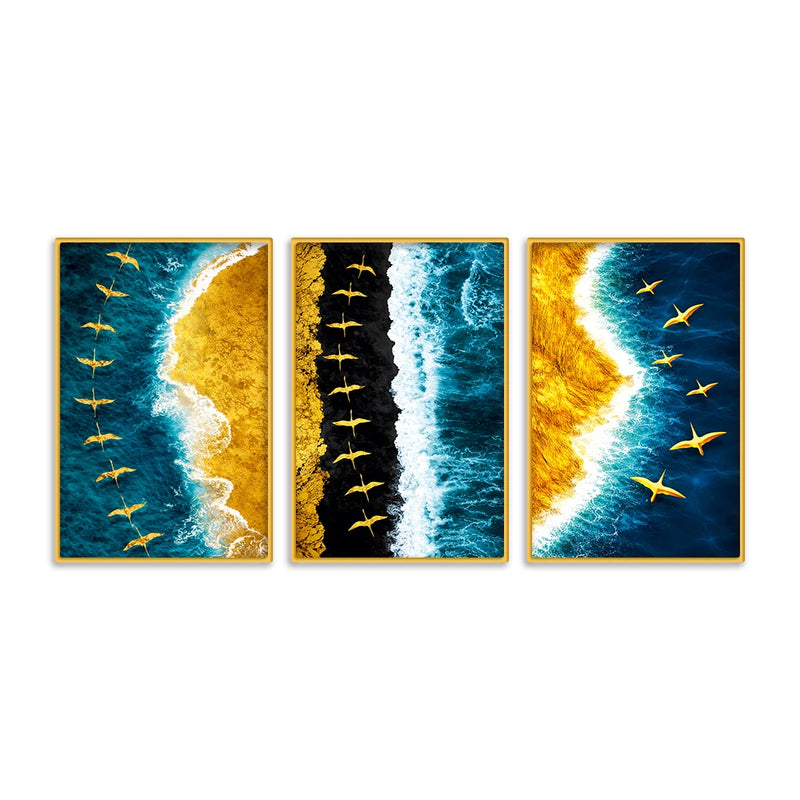 Premium Ocean Waves and Birds Canvas Wall Art Painting Set of Three